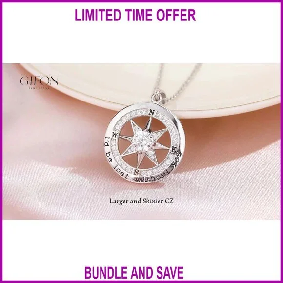 Sterling Silver Compass Necklace with Cubic Zirconia, Lobster Clasp